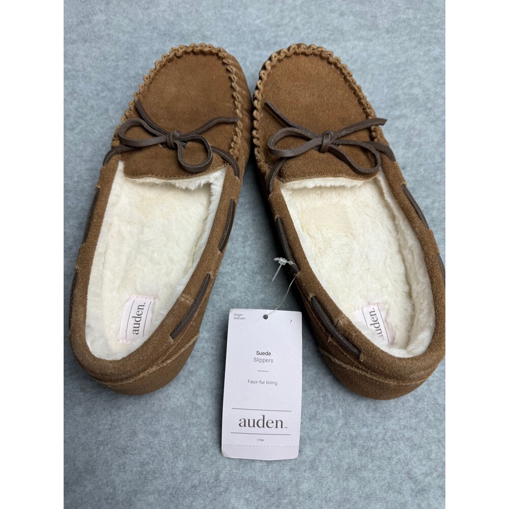 NWT Auden Suede Leather Moccasin Slippers Faux Fur Lined Brown Women's Size 7